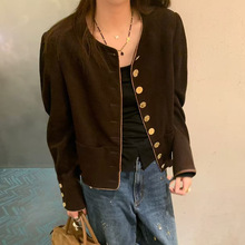 现货2025新款复古美拉德休闲短款外套灯芯绒圆领百搭夹克上衣女