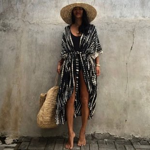 Cross-border European and American swimsuit women's blouse rayon tie-dyed seaside beach suit holiday bikini sunscreen blouse 17 colors