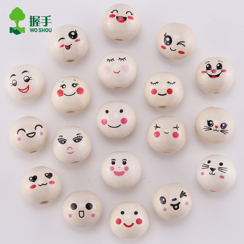 跨境热销新款20mm原木色印笑脸木珠子印表情木珠笑脸木珠圆珠串珠
