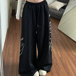 烫钻黑色休闲裤女秋冬季美式复古设计感宽松阔腿裤街舞爵士舞裤子