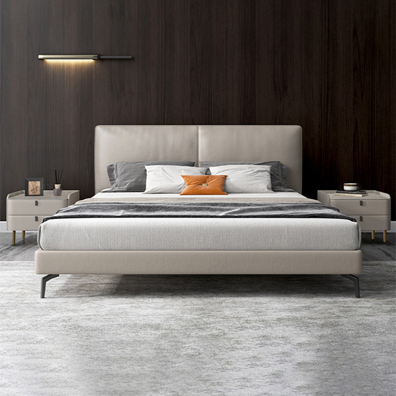Cama de cuero real minimalista italiano cama doble de 1,8 m cama de borde de apartamento pequeño dormitorio minimalista moderno bolso suave cama de pierna alta