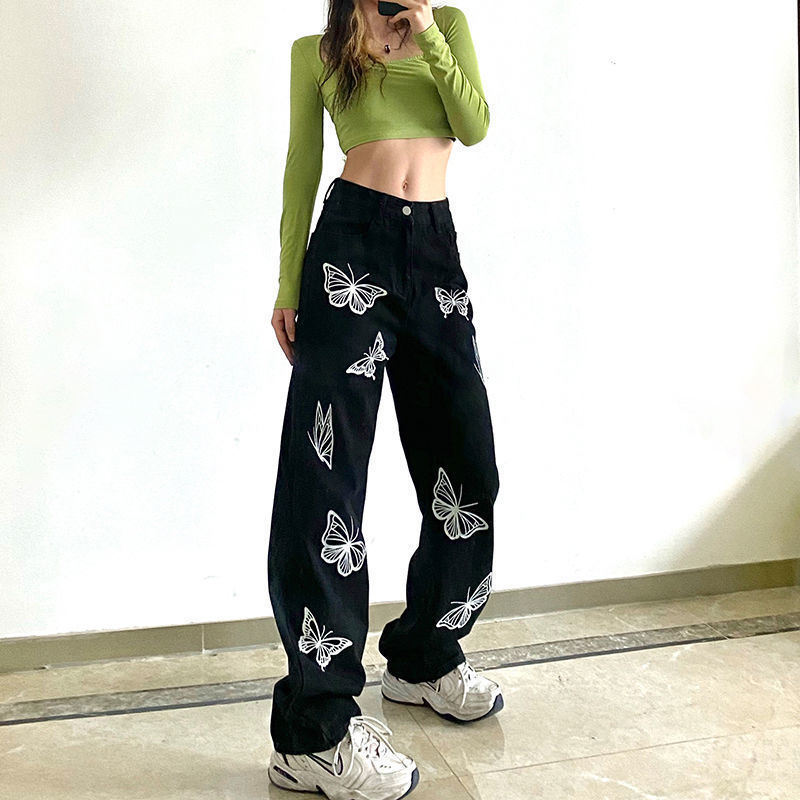 Butterfly print denim pants