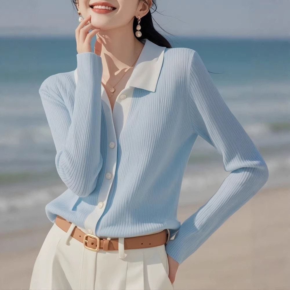 Áo cardigan nữ cổ lật kiểu Pháp, phong cách cao cấp, dệt kim mềm mại — Màu xanh da trời chi tiết 1