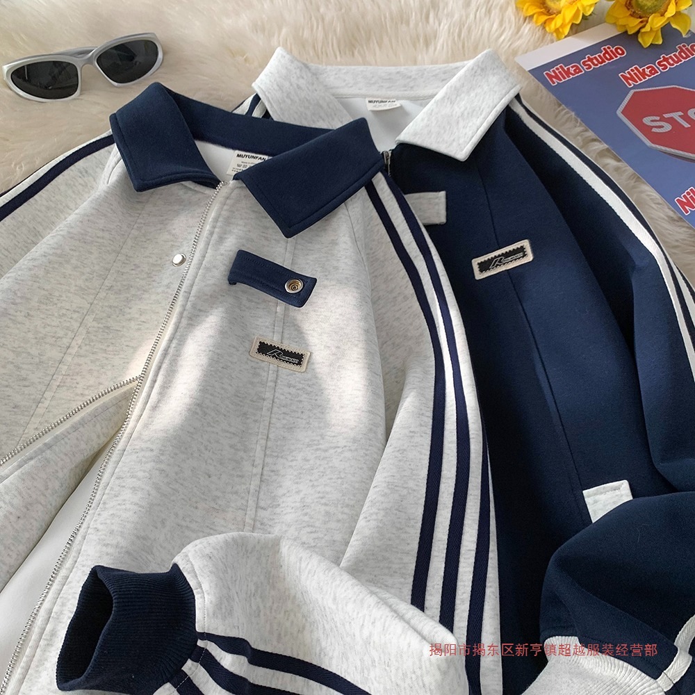 春秋季新款美式复古三条杠潮牌宽松拼接设计感外套夹克棒球服男士