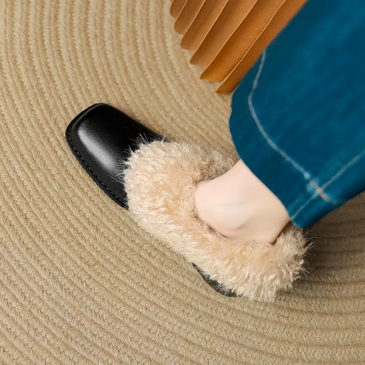 Кожаные туфли из овечьей шерсти с квадратной головой меховые туфли один педаль ретро бархат теплая обувь Мэри Джейн кожаные туфли хлопковые туфли на толстом каблуке