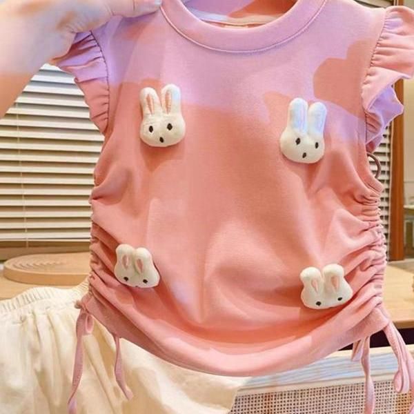 Girls Summer Suit New Kidsren's Cute Stereo Little Rabbit Round Neck T-Shirt Flying Sleeve Top Shorts Two-Piece Set
