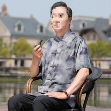 中老年夏季唐装男冰丝薄款短袖套装休闲爸爸中式宽松大码老人衣服