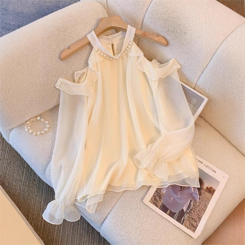 Spring and Autumn New French Elegant Pure Desire Shoulder-Strap Slimming Blouse Japanese Fresh Sweet Long-Sleeve T-Shirt Top for Women