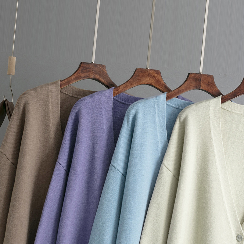2024 Autumn And Winter New V-Neck Knitted Cardigan Solid Color Loose Sweater Jacket Top 14 167.Jpg