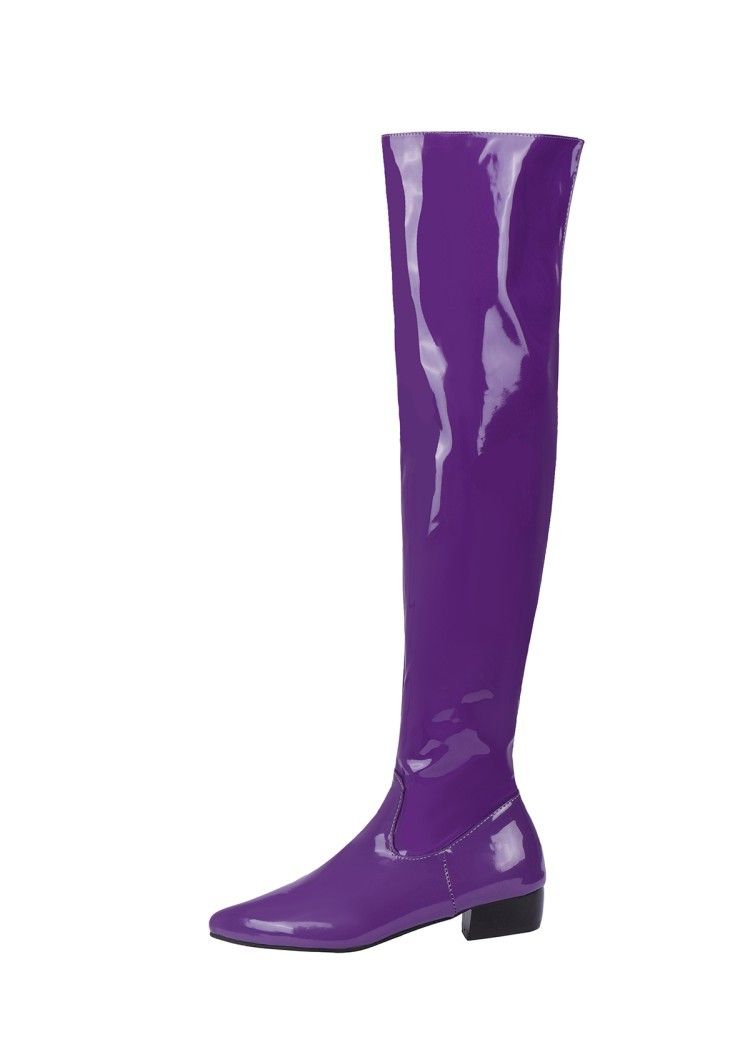 Stivali sopra il ginocchio da donna autunno e inverno con cerniera laterale in vernice color caramella con tacco basso, stivali alti fino al ginocchio W389_voghion.com