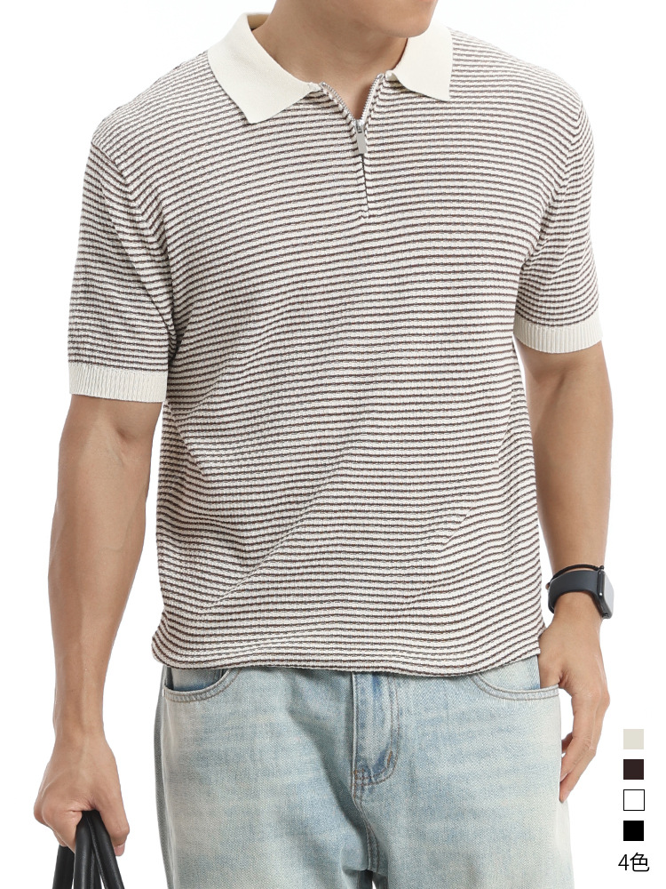 2026 hombre de verano alto sentido rayas polo de punto de manga corta hombre viejo dinero con solapa de negocios casuales chaqueta de hombre