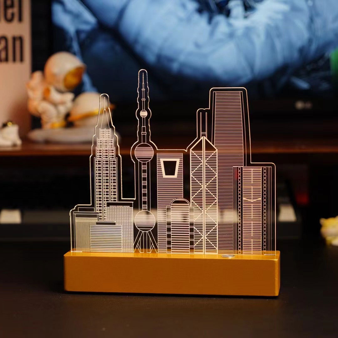房地产地标建筑城市印象纪念礼品3d小夜灯榉木亚克力充电款小台灯
