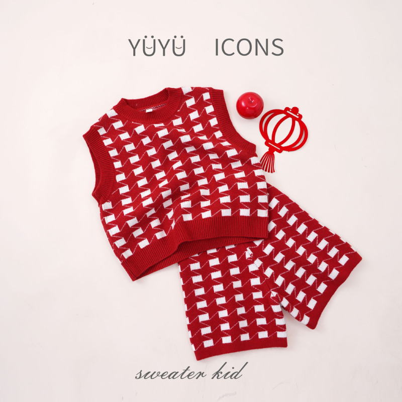 Autumn and Winter Christmas Korean-style Red Plaid Western Style Children's New Year Vest Women's Boy's Sweater Vest Knitwear suit