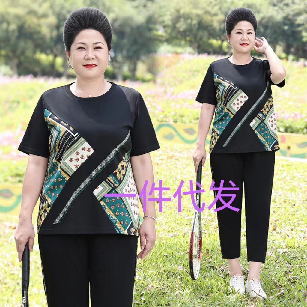 跨境时尚中老年短袖女装妈妈夏装大码运动套装洋气套装夏季两件套