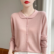 2025年春秋新款时尚假开衫针织t恤女娃娃领长袖宽松小衫上衣打底