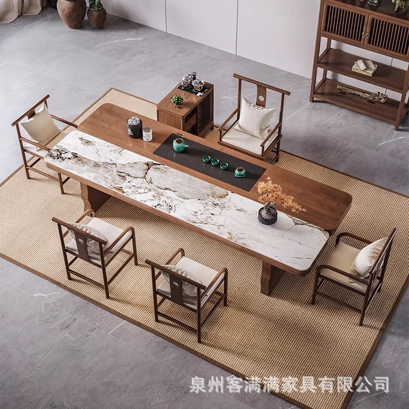 新中国式の実木の大きい板のお茶のテーブルの椅子の組み合わせは軽くて豪華な岩の板の茶台の家庭用のお茶のテーブルの中国式の禅意の茶室を浸します。