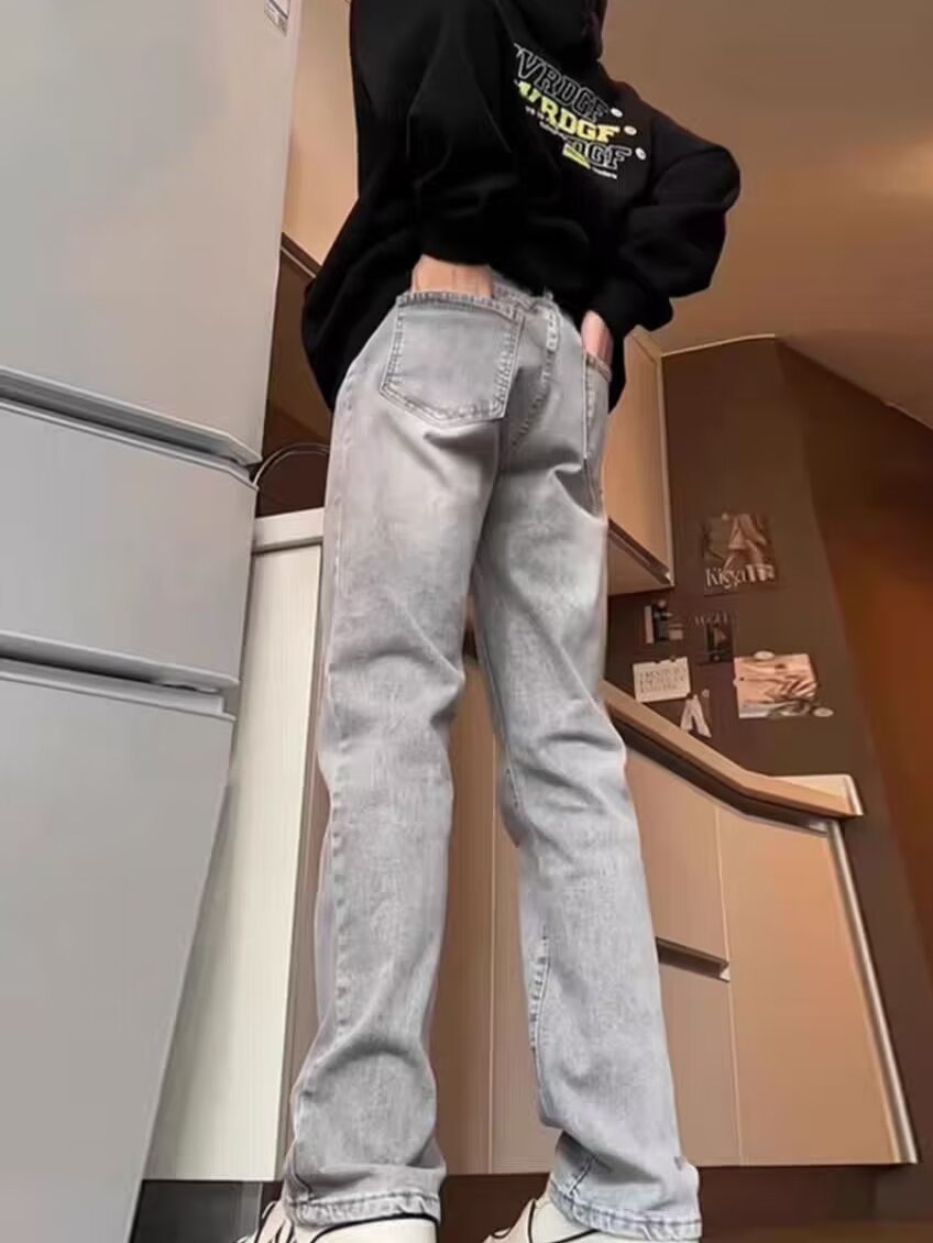 Smoke Gray Jeans Men's Vibe Style Design High Street Spring & Fall Slim American High Street Retro Floor-Length Pants Trendy