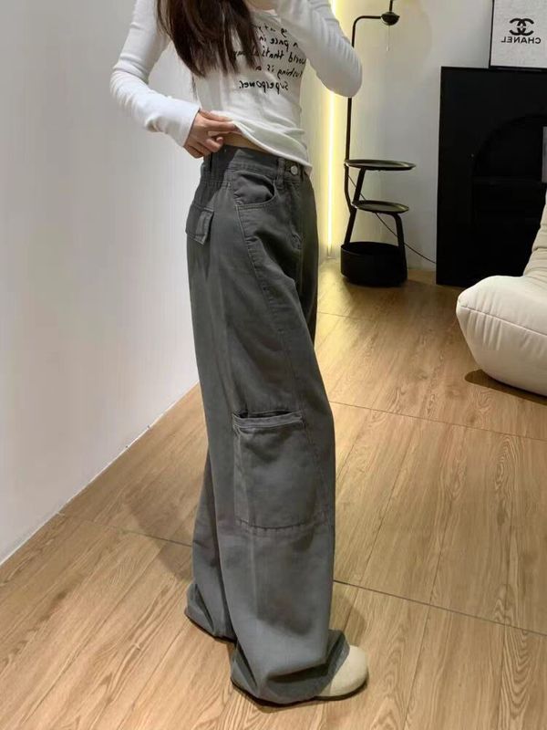 美式深灰色阔腿工装裤女春季新款大码胖mm宽松梨型身材拖地牛仔裤|undefined