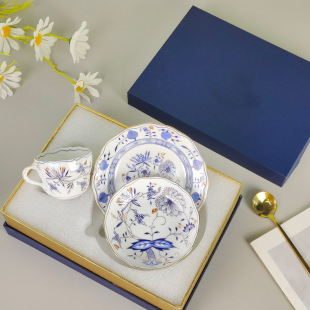 Mason mini blue small cup and saucer 3-piece set dessert shop pattern coffee cup cake plate practical mid-autumn festival gift