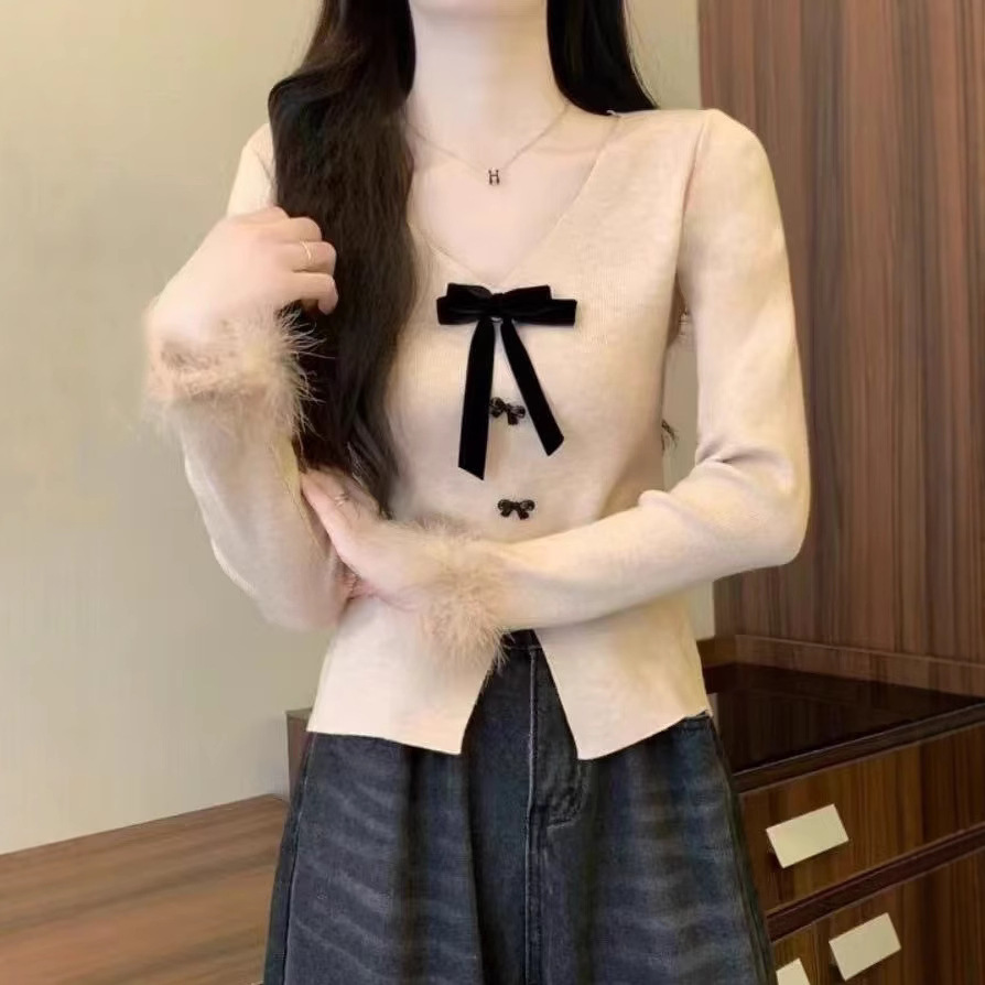 蝴蝶结衫身上衣设计显瘦装修长袖打底针织衫毛衣女感别致气质法式