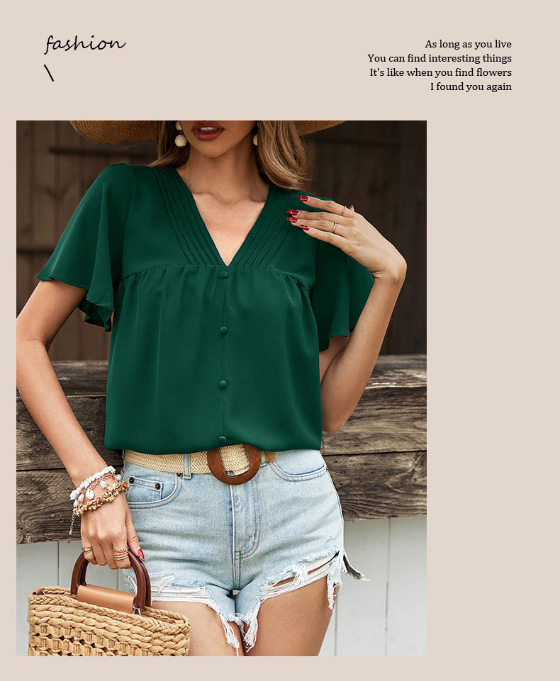 Solid Color V-neck Folds Shirt_voghion.com