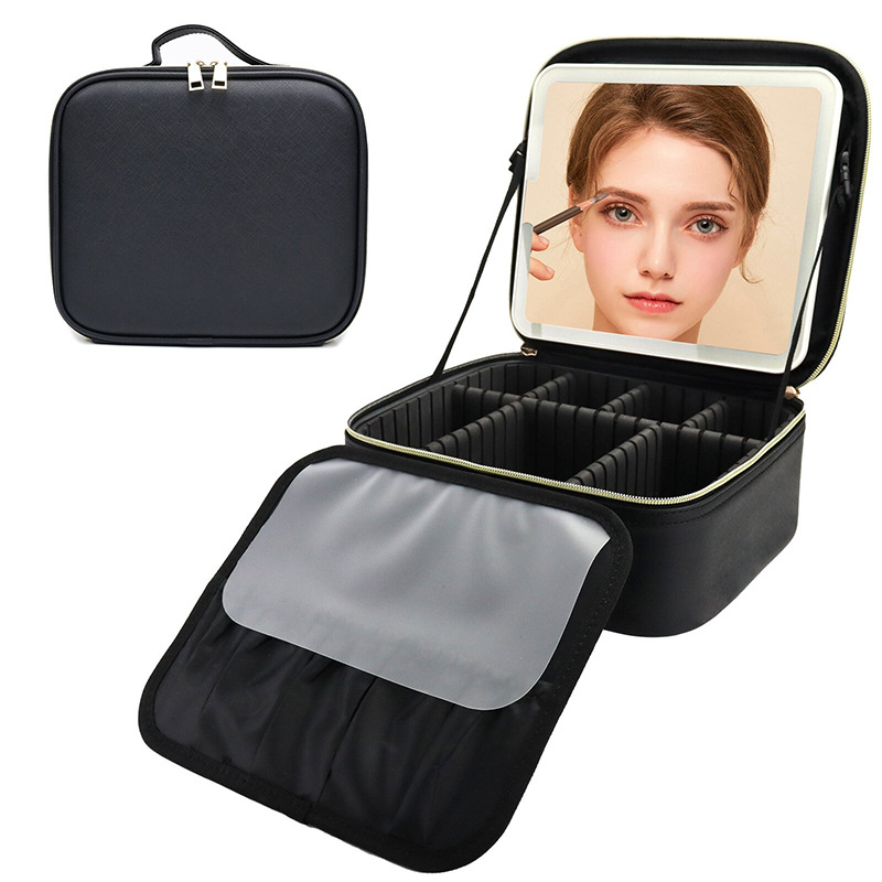 Bolsa de maquillaje de alta calidad con espejo con LED, partición desmontable, bolsa de maquillaje portátil impermeable de almacenamiento de gran capacidad