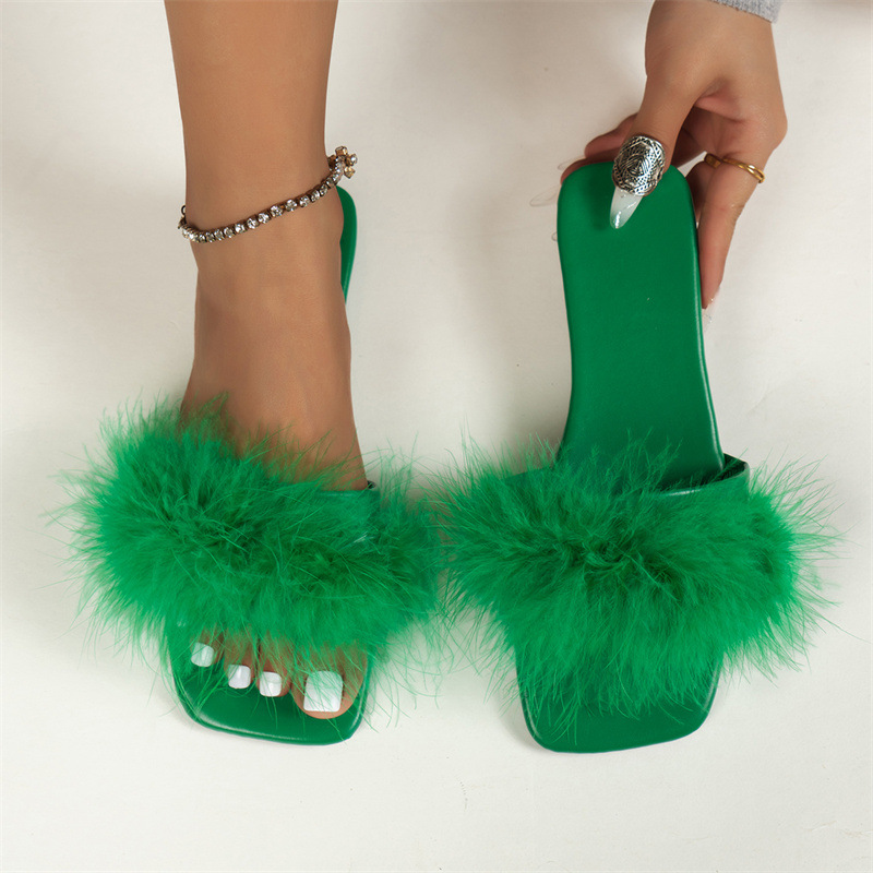 Zapatillas de lana de hadas, zapatillas verdes de cabeza cuadrada, zapatillas de verano que se pueden usar con dedos desnudos para fotos, zapatillas de plomo al por mayor.