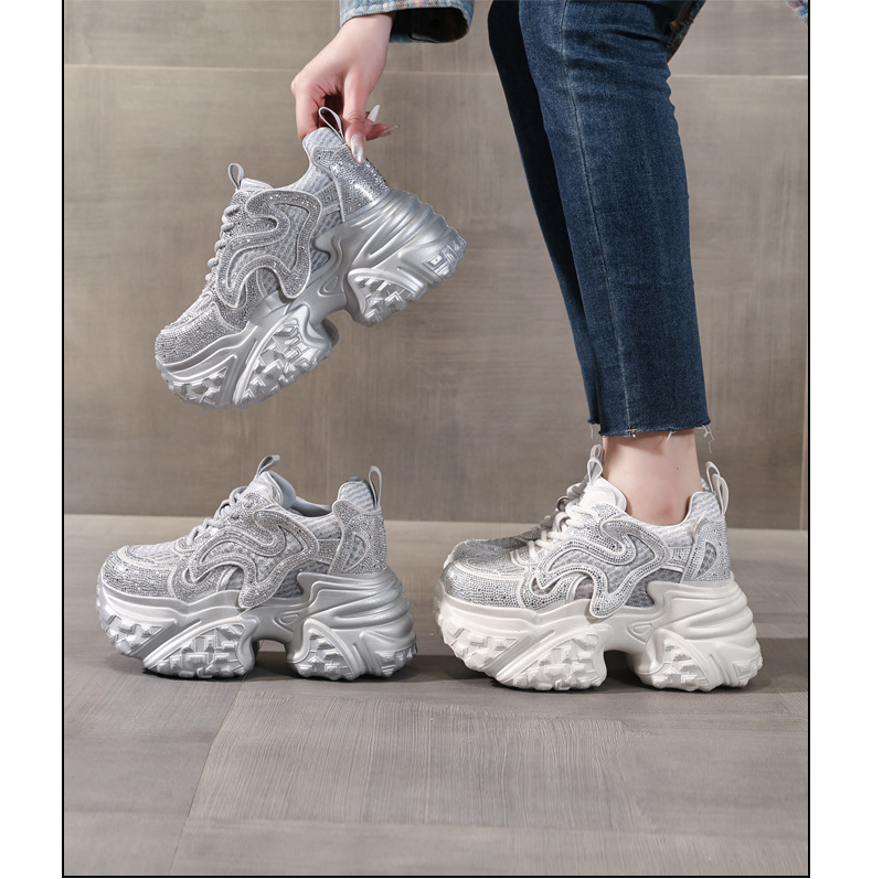 Giày sneaker nữ chunky đế dày lưới thoáng, phối đá rhinestone sáng — màu trắng chi tiết 17