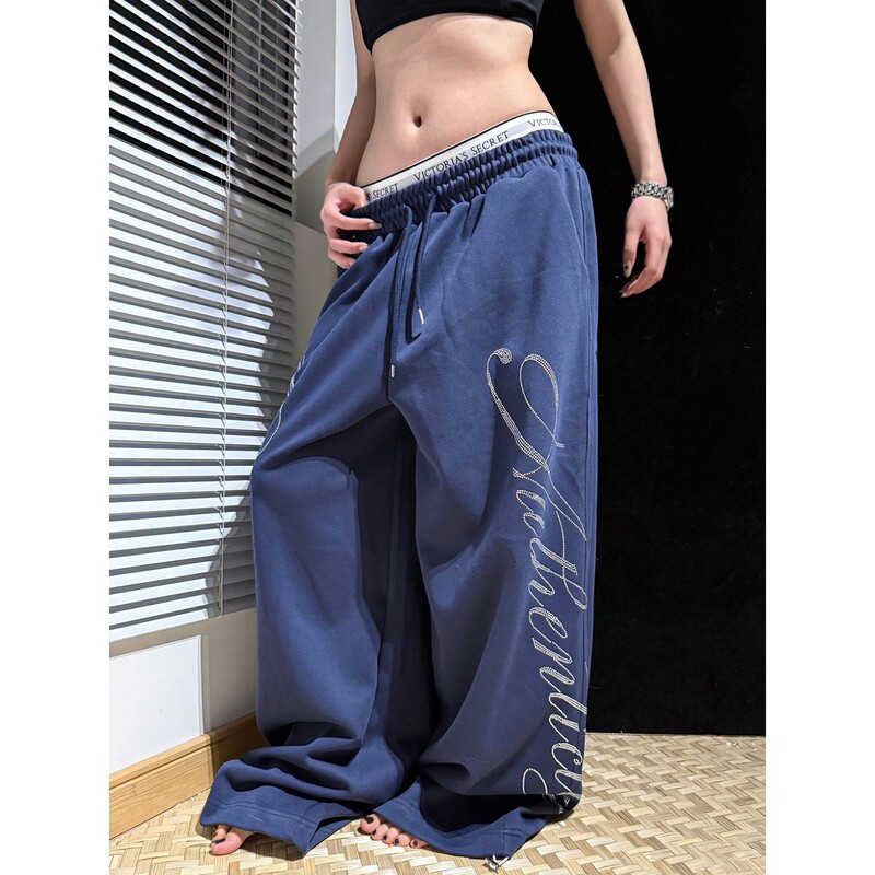 American Retro Rhinestone Letter Sports Sweatpants Unisex Cleanfit Heavy-Duty High Street Wide-Leg Couple Casual Pants Trendy