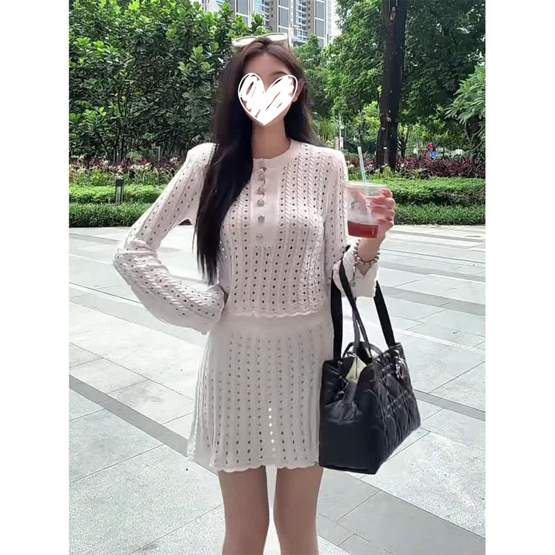 气质千金穿搭女白色长袖镂空针织短上衣短裙早秋新款宽松两件套装|undefined