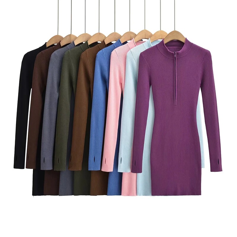 Stand Collar half zipper long sleeve knitted dress women's spring retro all-match slim-fit sexy sheath one-step skirt