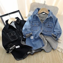 男童牛仔衬衫2025春秋新款中大儿童翻领打底衫薄绒衬衣男宝宝外套