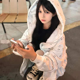 7483#满印 加厚华棉复合牛奶丝340秋季新款开衫拉链外套女潮