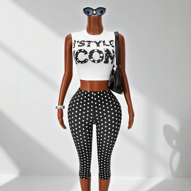 European and American style cross-border women's new fashion two-piece set: color-blocked polka dot short sleeveless tank top and tight-fitting cropped pants European and American style cross-border women's new fashion two-piece set: color-blocked polka dot short sleeveless tank top and tight-fitting cropped pants