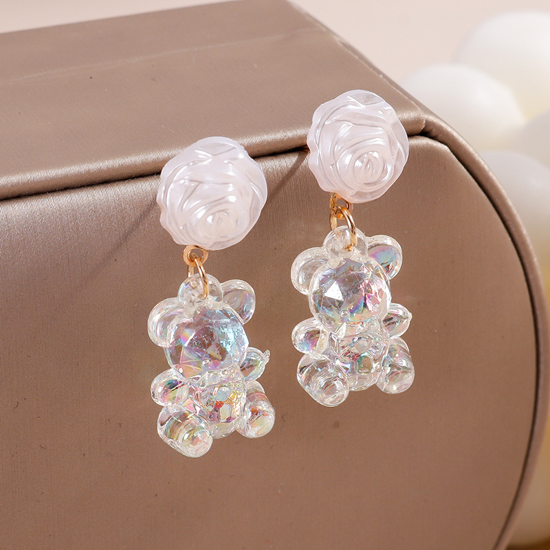 Fashion White Rose Colorful Bear Pendant Earrings display picture 3