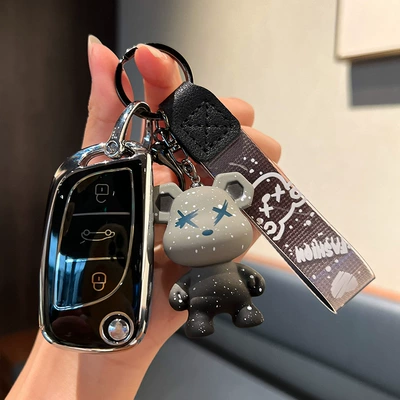 Dongfeng Citroen c5 key case modified ds bag DS5/6C4L car LS high-end all-inclusive key case (Car key bag) - modified-b-folding-3-keys-single-shell-black-gray-violent-bear-pendant