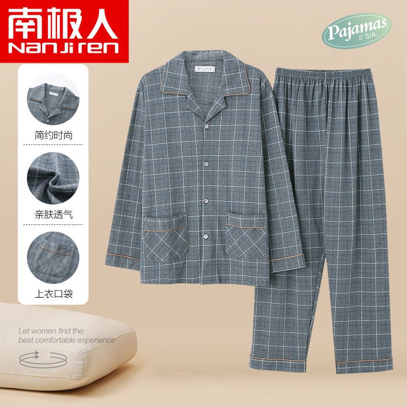 100% pijamas de algodón de primavera y otoño de los hombres de manga larga de solapa más tamaño traje de algodón para el hogar