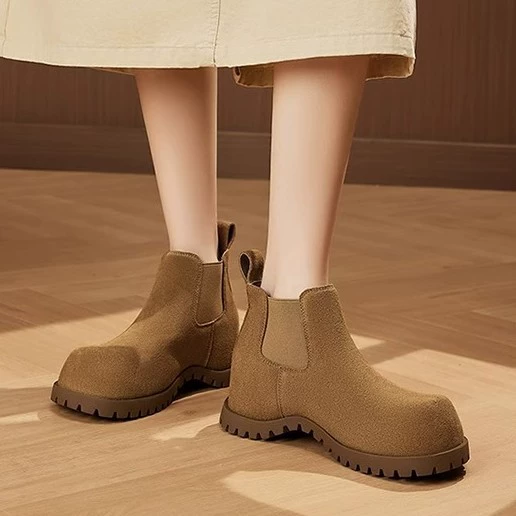 Новые замшевые ботинки-челси на флисовой подкладке для женщин, осень-зима 2025, с круглым носком, теплые, в форме цилиндра.
