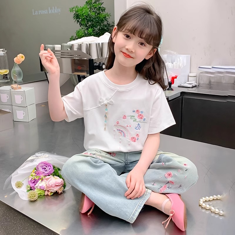 女童中式短袖2024夏季新款兒童洋氣半袖t女大童國風薄款上衣T恤潮