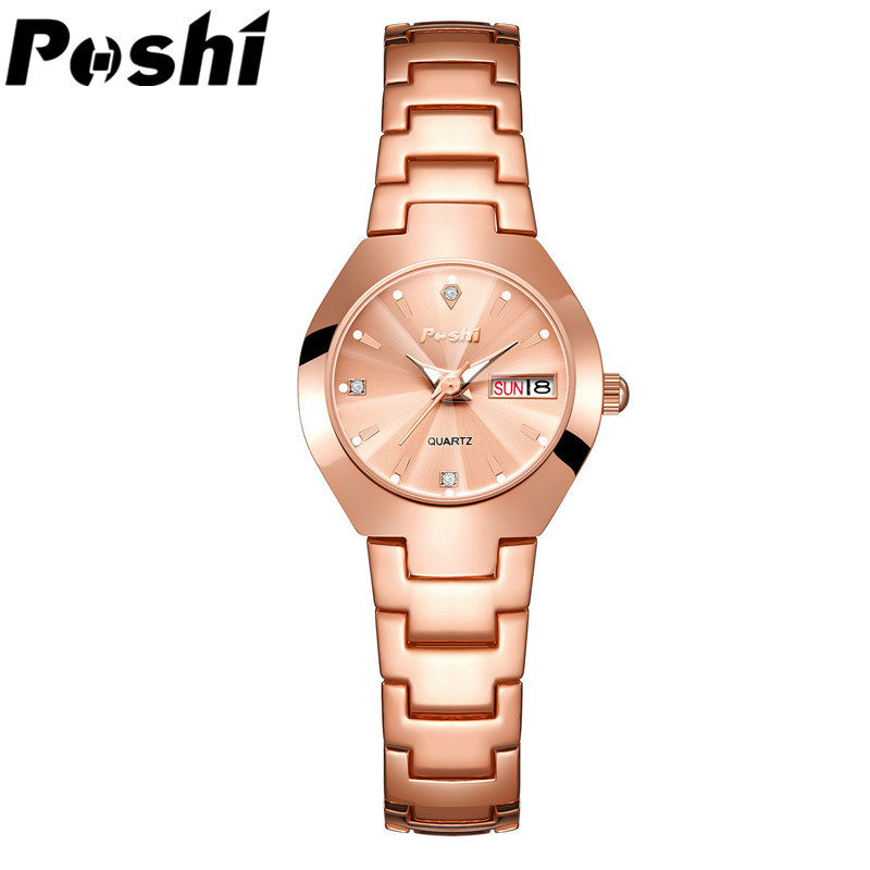 POSHI reloj niñas de moda impermeable luminoso simple elegante correa de acero doble calendario reloj de cuarzo reloj femenino