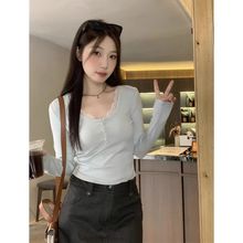 MR网购  大码辣妹方领正肩长袖T恤秋季女装胖mm打底衫甜辣小上衣