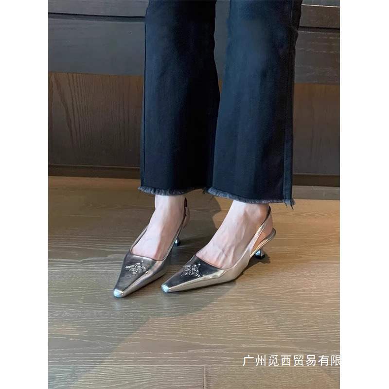 银色方头高跟鞋女2025秋冬新款法式气质百搭浅口猫跟后空包头凉鞋|undefined
