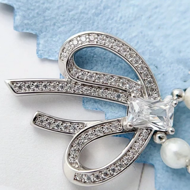 Necklace from pearl with bow, fashionable chain for key bag 