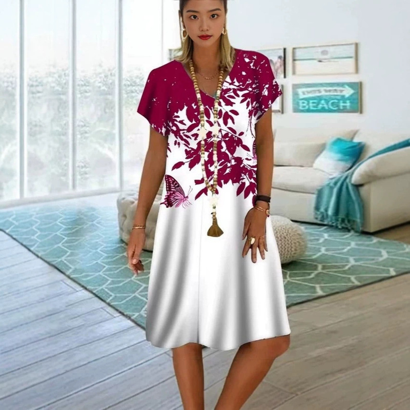 2026 Amazon Ebay Aliexpress Spring/Summer European and American Hot Selling V-Neck Short Sleeve Printed Casual Dress for Women Hot Sale