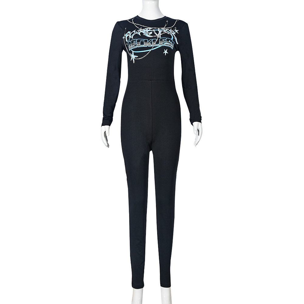 7979 nazada europeo y americano transfronterizo de una sola pieza de ropa de mujer de moda impresa cuello redondo de manga larga de alto elástico adelgazante mono apretado image 8