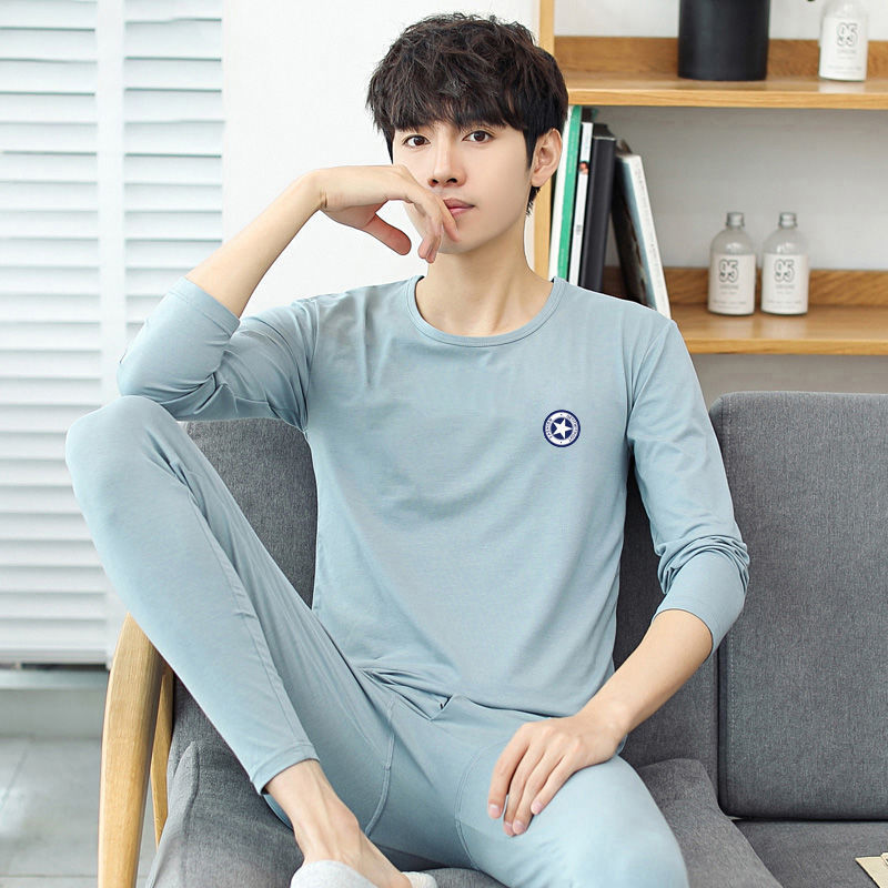 남성 가을옷과 긴 바지 세트는 청년, 중년 남성과 청소년을 위한 얇은 보온 속옷 밖에 입을 수 있는 면 의류와 린넨 바지