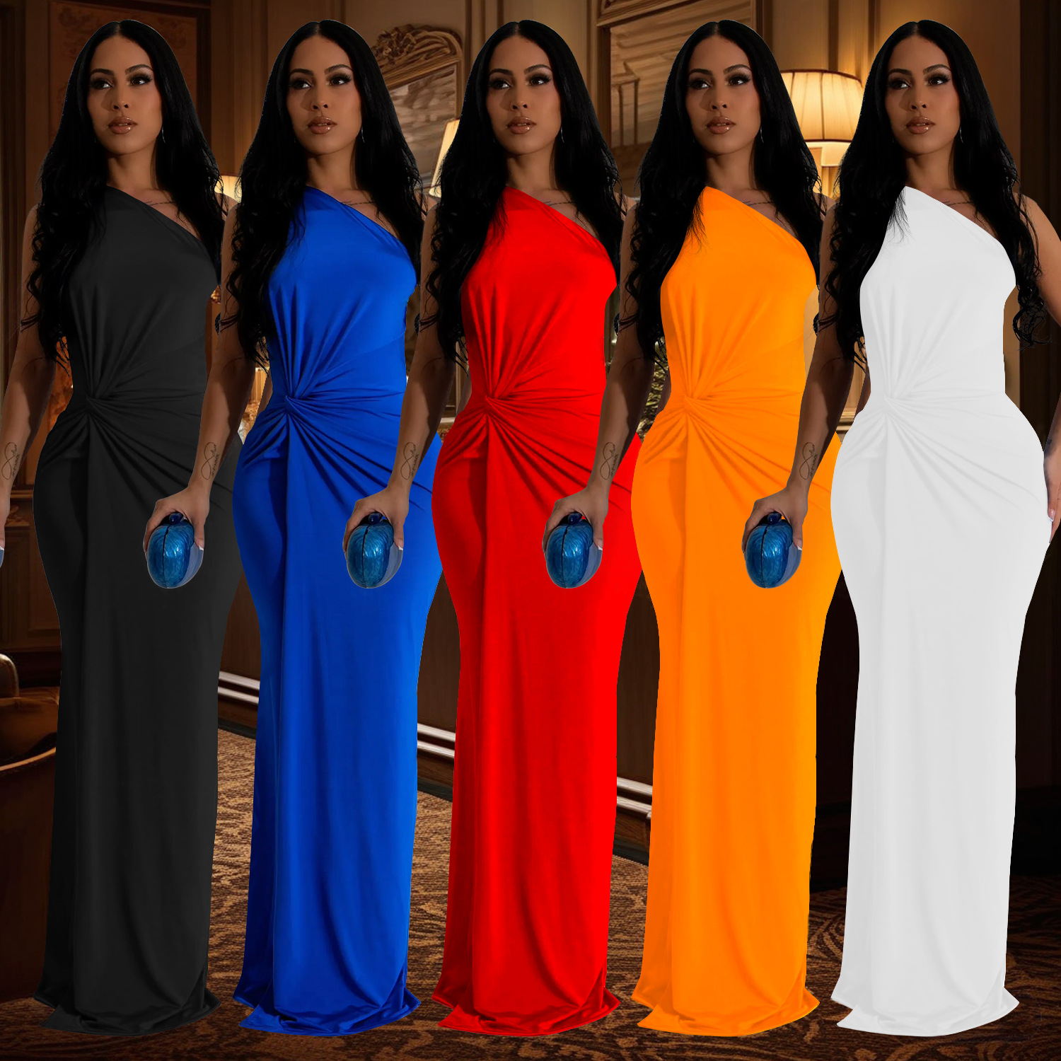 C6940 Cross-border AliExpress Amazon European and American Fashion Women's Independent Stand One-shoulder Evening Dress Slim-fit dress