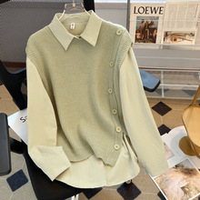 针织马甲衬衫两件套女秋冬Polo领洋气无袖背心套装抹茶绿休闲外套