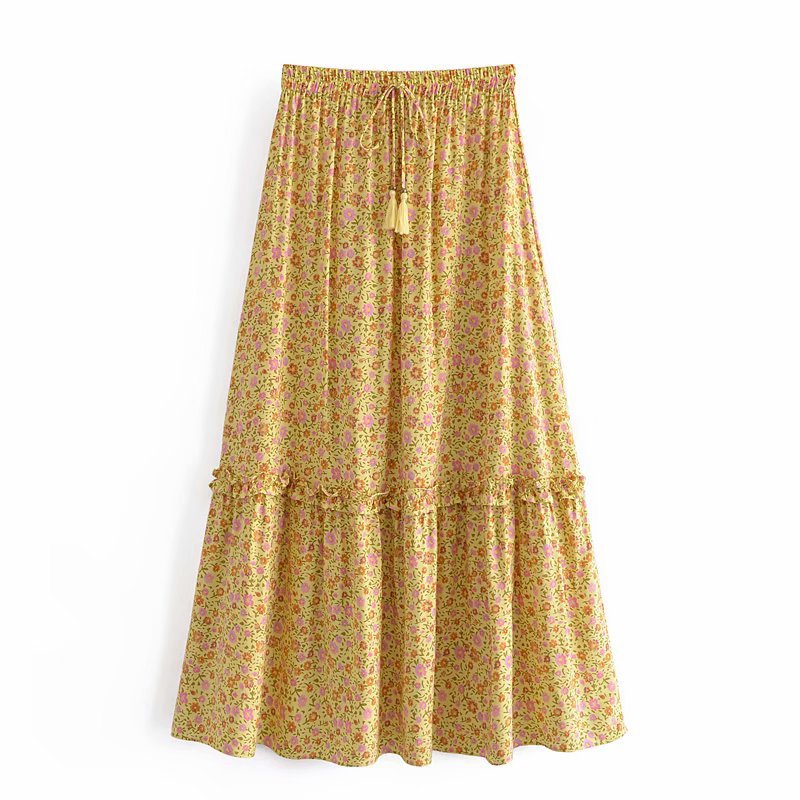 spring cotton water print fringed elastic waist skirt NSAM55798