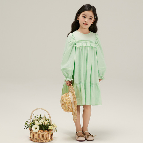 Girls' fashionable solid color long skirt 2024 spring new children's casual big children's dress pure cotton edge large skirt